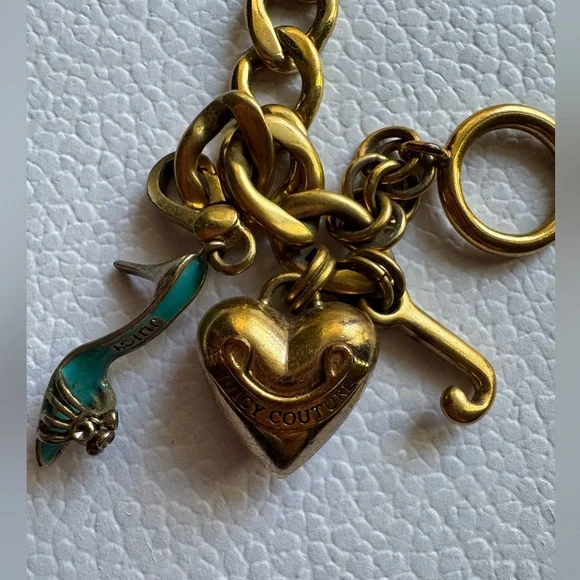 Juicy Couture Y2K Gold Tone Charm Chunky Bracelet Heart, J & Teal High Heel - Picture 3 of 9